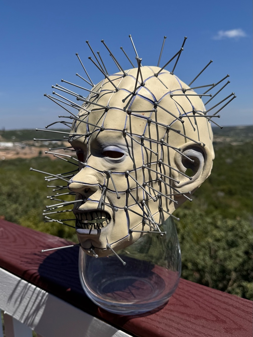 Horror Pinhead-Style Decorative Wall Mask - Cream and Silver